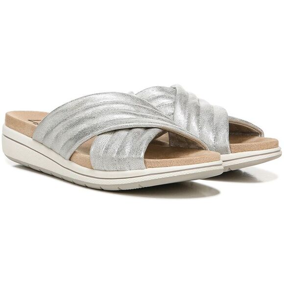 LifeStride Shoes - LifeStride Womens Panama Silver Faux Leather Slip On Slides Wedge Sandals New